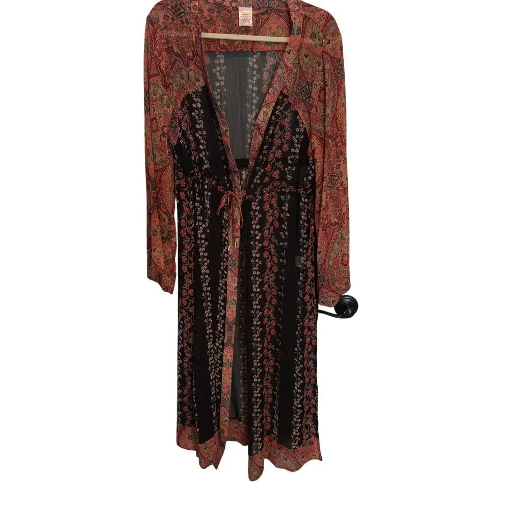 No Boundaries Paisley Floral Boho Hippie Long Semi-Sheer Kimono Women's SZ L/XL